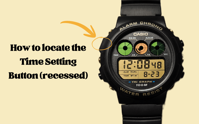 Casio digital watch highlighting the recessed time setting button on the case