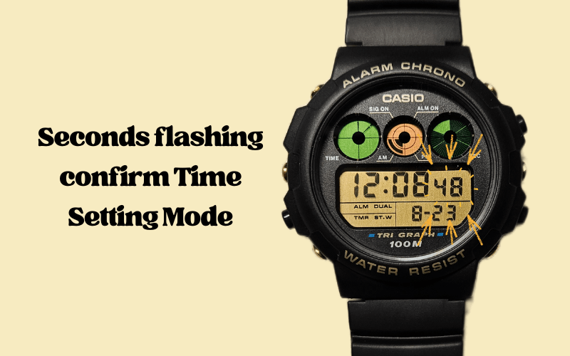 Casio digital watch with flashing seconds indicating active time setting mode