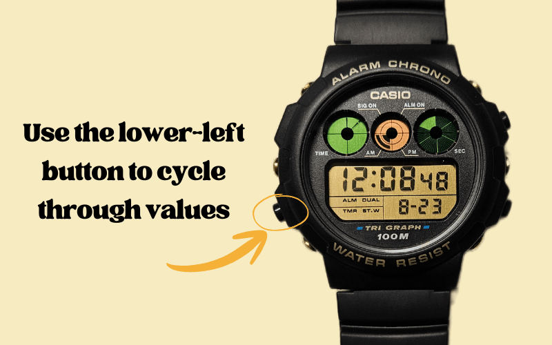 Casio digital watch highlighting the lower-left button used to cycle through time settings