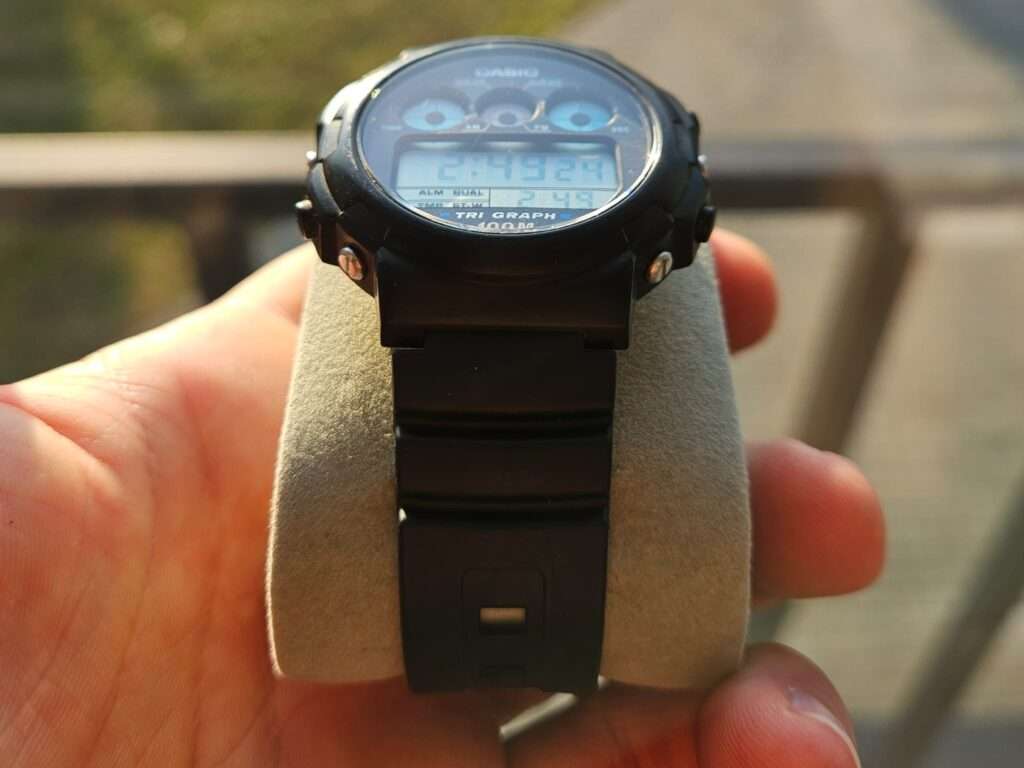 Casio TGW-10 Tri Graph digital watch front view with black resin case and LCD display