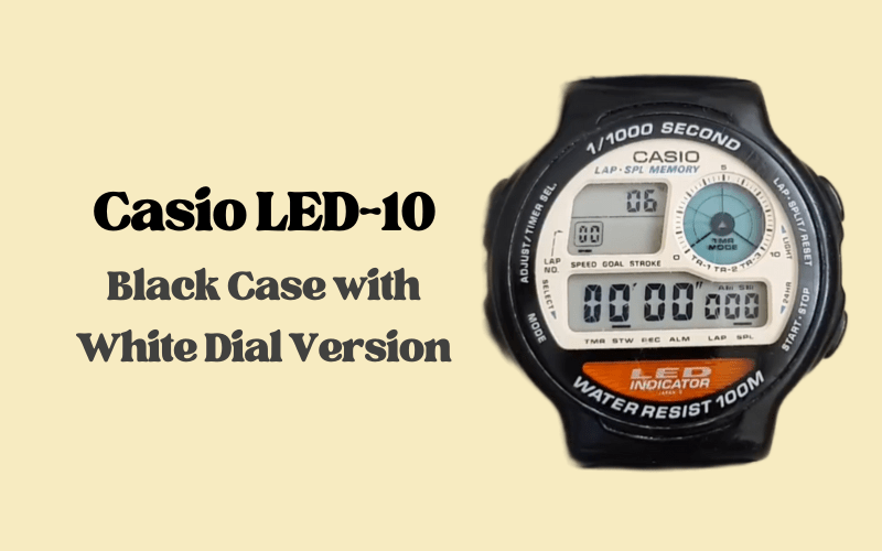Casio LED-10 digital watch with black case and white dial display.