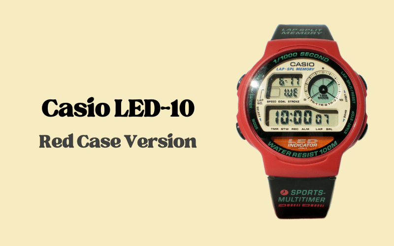 Casio LED-10 digital watch with red case and black strap.