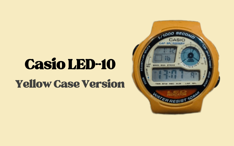 Casio LED-10 digital watch with yellow case and classic round display.
