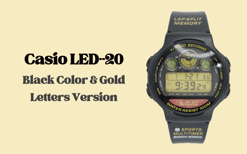 Black Case & Gold Letters color version of Casio LED-20 digital sports watch with LCD display and water resistance.