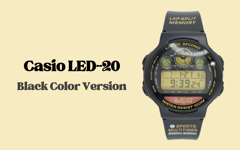 Black Casio LED-20 digital sports watch with LCD display and water resistance.