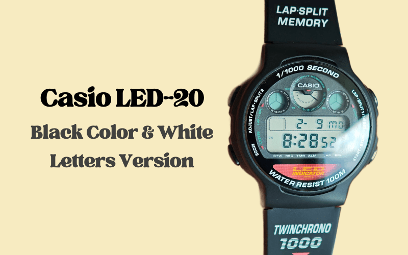Casio LED-20 black digital watch with white letters, LCD display showing 8:28, water resistant 100M