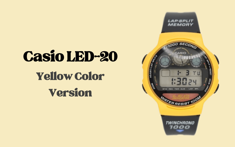 Yellow Casio LED-20 digital sports watch with lap-split memory and LCD display.