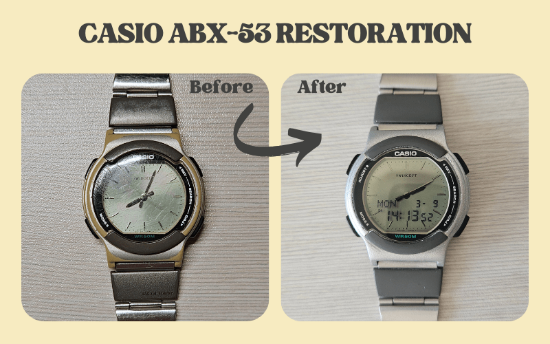 Casio ABX-53 Twincept before and after restoration comparison showing scratched crystal versus clean dial
