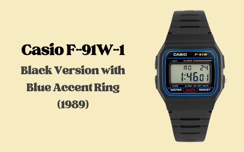 Casio F-91W-1 black digital watch with blue accent ring, alarm chronograph, 1989 original version