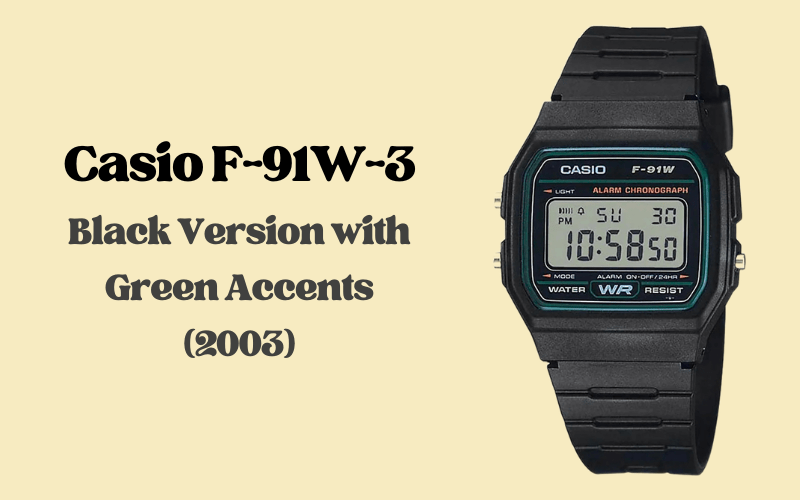 Casio F-91W-3 black resin digital watch with teal green accent ring, alarm chronograph, 2003