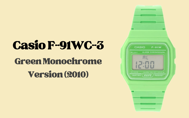 Casio F-91WC-3 neon green monochrome digital alarm chronograph watch with resin band, 2010