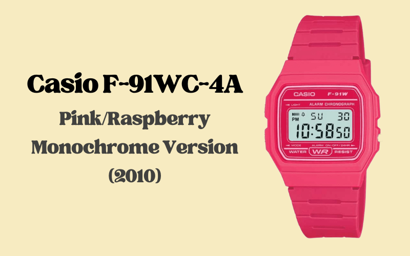 Casio F-91WC-4A raspberry pink monochrome digital watch with resin band, alarm chronograph, 2010