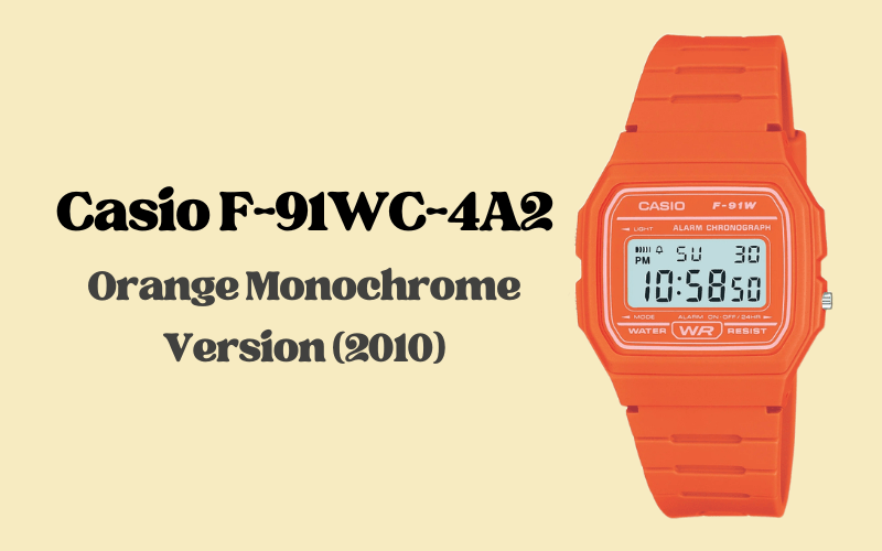 Casio F-91WC-4A2 orange monochrome digital alarm chronograph watch with resin band, 2010
