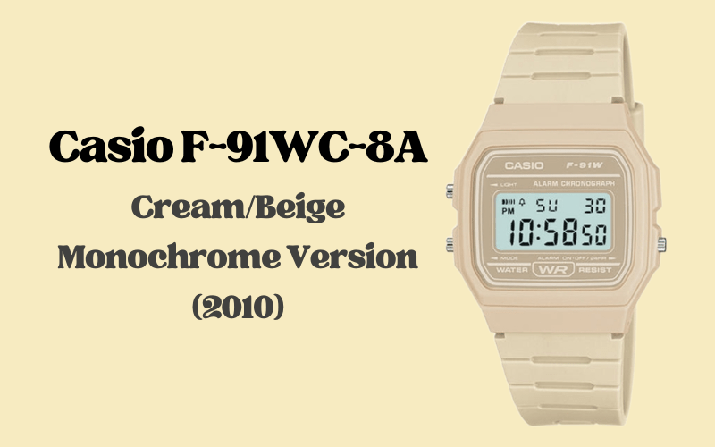 Casio F-91WC-8A cream beige monochrome digital alarm chronograph watch with resin band, 2010