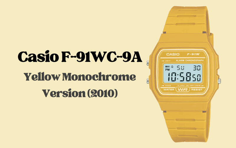 Casio F-91WC-9A yellow monochrome digital alarm chronograph watch with resin band, 2010