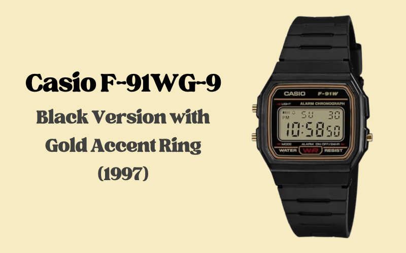 Casio F-91WG-9 black digital watch with gold accent bezel ring and gold side buttons, 1997
