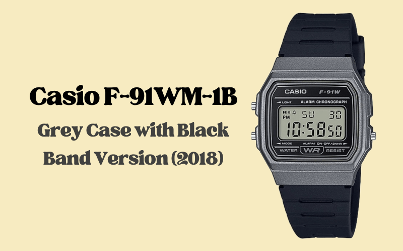 Casio F-91WM-1B grey metallic case digital alarm chronograph watch with black resin band, 2018