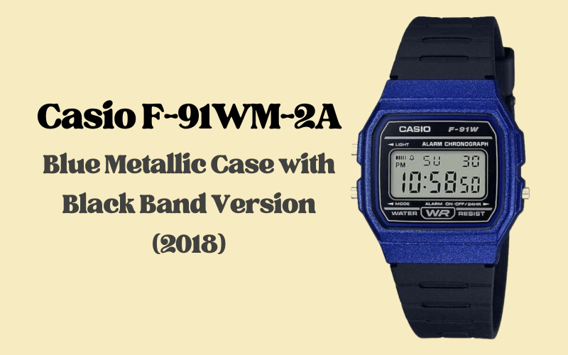 Casio F-91WM-2A blue metallic case digital alarm chronograph watch with black resin band, 2018