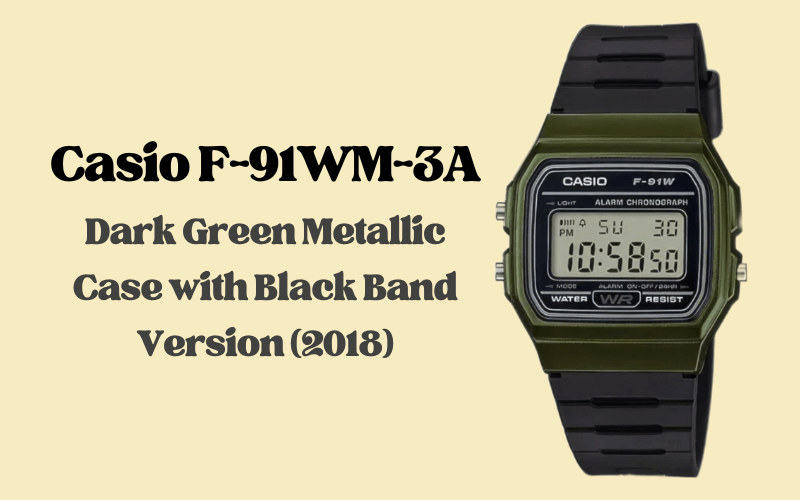 Casio F-91WM-3A dark green metallic case digital alarm chronograph watch with black resin band, 2018
