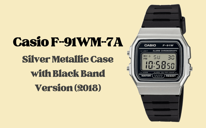 Casio F-91WM-7A silver metallic case digital alarm chronograph watch with black resin band, 2018