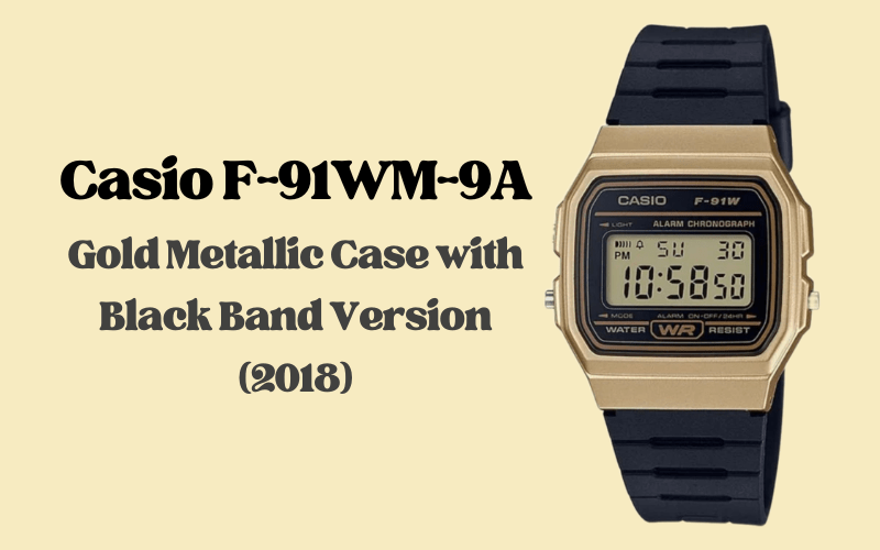 Casio F-91WM-9A gold metallic case digital alarm chronograph watch with black resin band, 2018