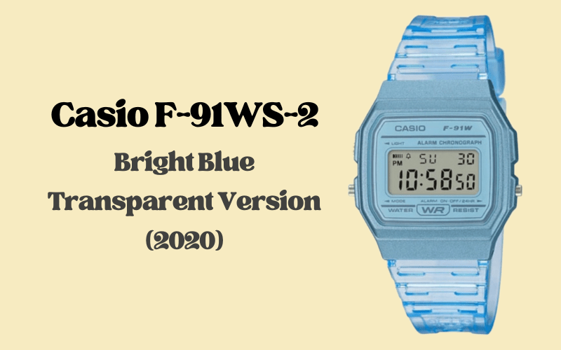 Casio F-91WS-2 bright blue transparent resin digital alarm chronograph watch, 2020