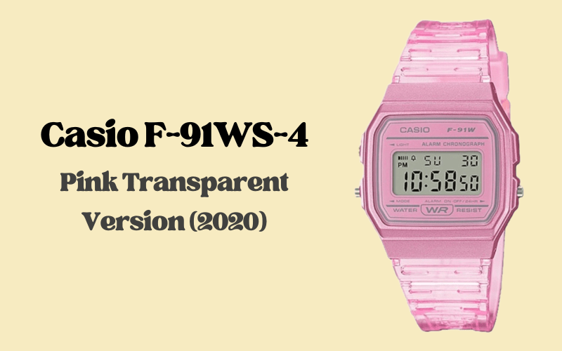 Casio F-91WS-4 pink transparent resin digital alarm chronograph watch, 2020
