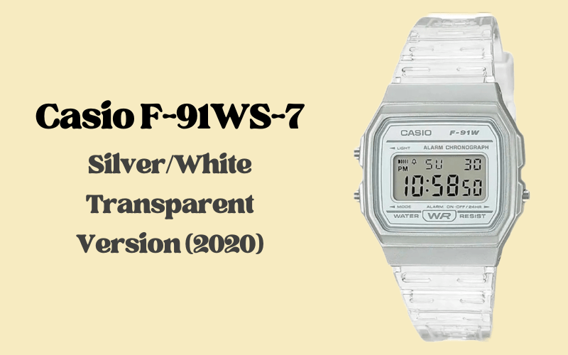 Casio F-91WS-7 silver white clear transparent resin digital alarm chronograph watch, 2020