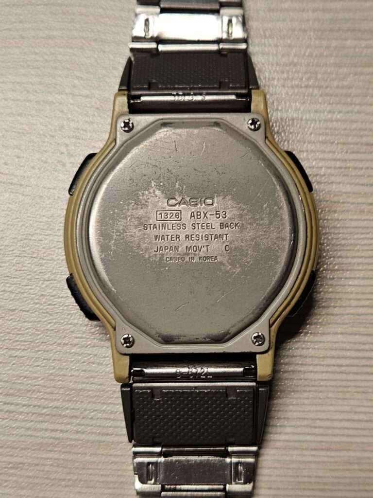 Casio ABX-53 stainless steel case back engraved with model number, water resistant, Japan movement, cased in Korea