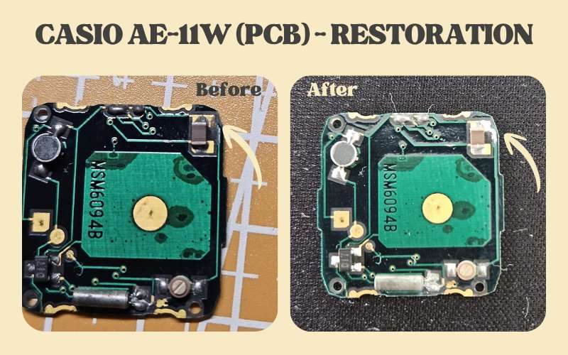 Casio AE-11W MSM6094B PCB circuit board restoration — corroded before and cleaned after
