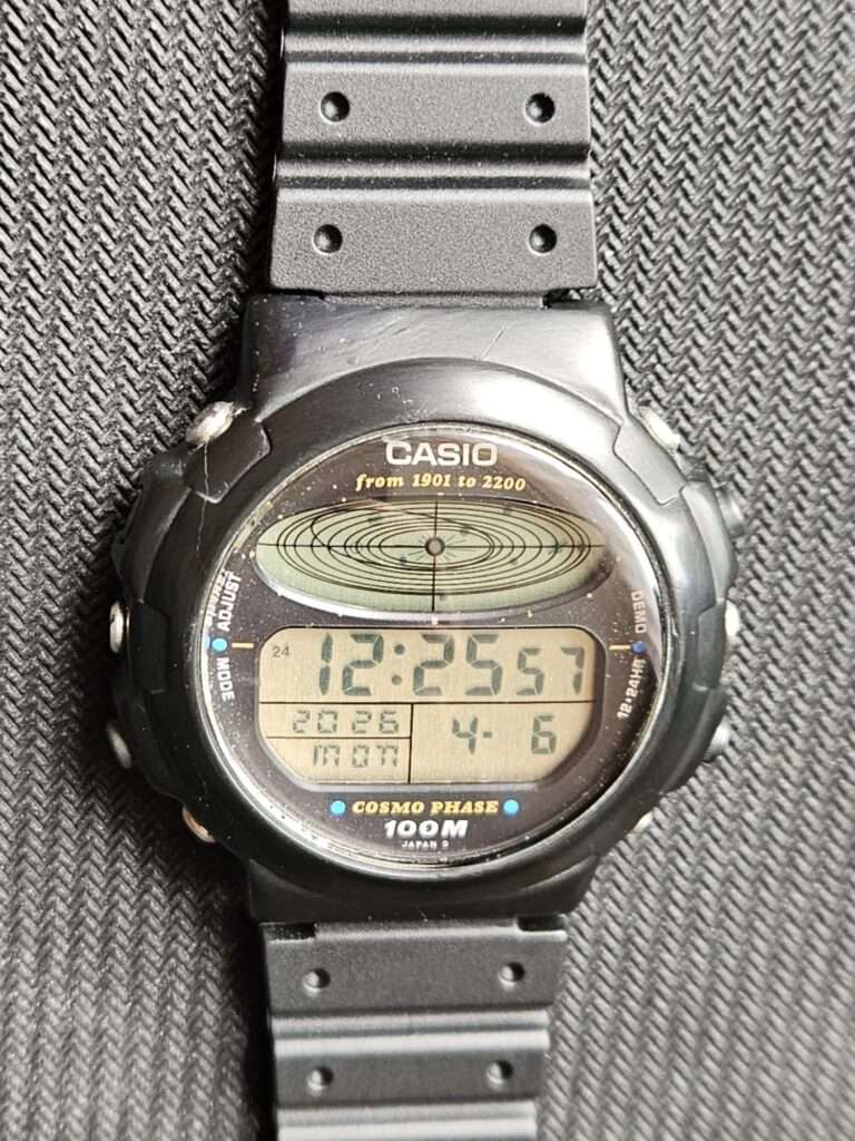 Casio CGW-50 Cosmo Phase fully restored front view with black rubber strap, clear dial and repaired lugs
