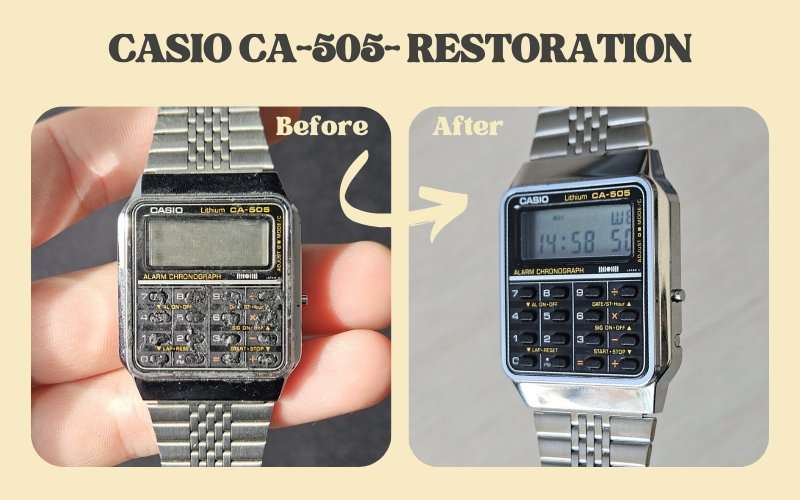 Casio CA-505 calculator watch before and after restoration — dirty worn condition vs clean polished result