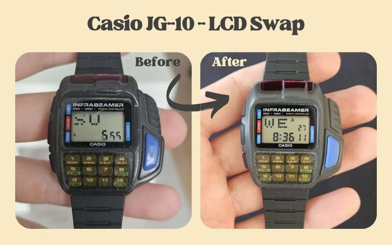 Casio JG-10 Infrabeamer watch LCD swap before and after restoration showing degraded vs clear working display