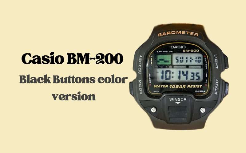 Casio BM-200 digital barometer watch with black buttons, LCD display showing time 10:14, water 10 bar resist