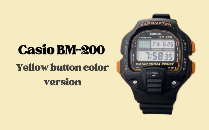 Casio BM-200 digital barometer watch with yellow accent buttons, LCD display showing time 7:58, water 100m resist