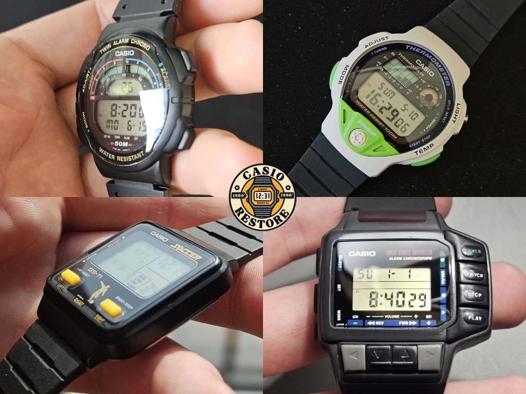CasioRestore branded collage of four Casio watches with polished crystals including Twin Alarm Chrono and Soccer