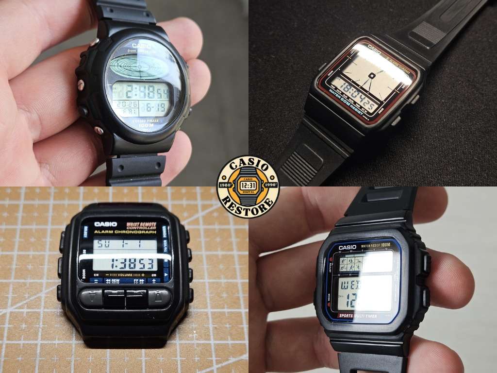 CasioRestore branded collage of four Casio watches with polished crystals including Cosmo Phase and Sports Multi Timer