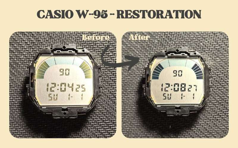 Casio W-95 LCD display module restoration showing before and after of the digital screen and segments