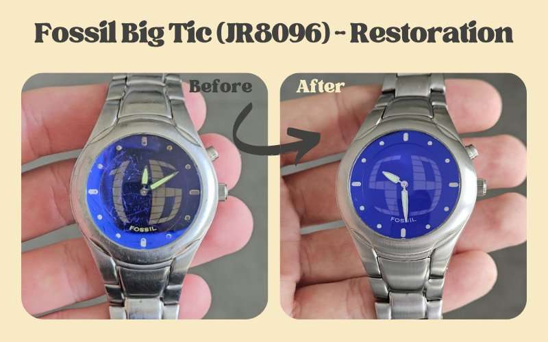 Fossil Big Tic JR8096 watch restoration before and after — scratched blue dial transformed to like-new condition