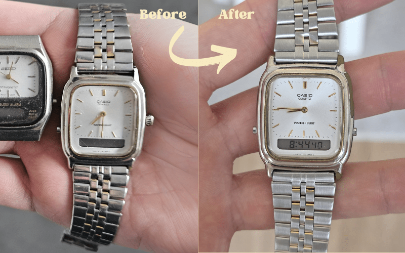 Casio AQ-307 combi analog-digital watch shown before and after restoration on a person's wrist