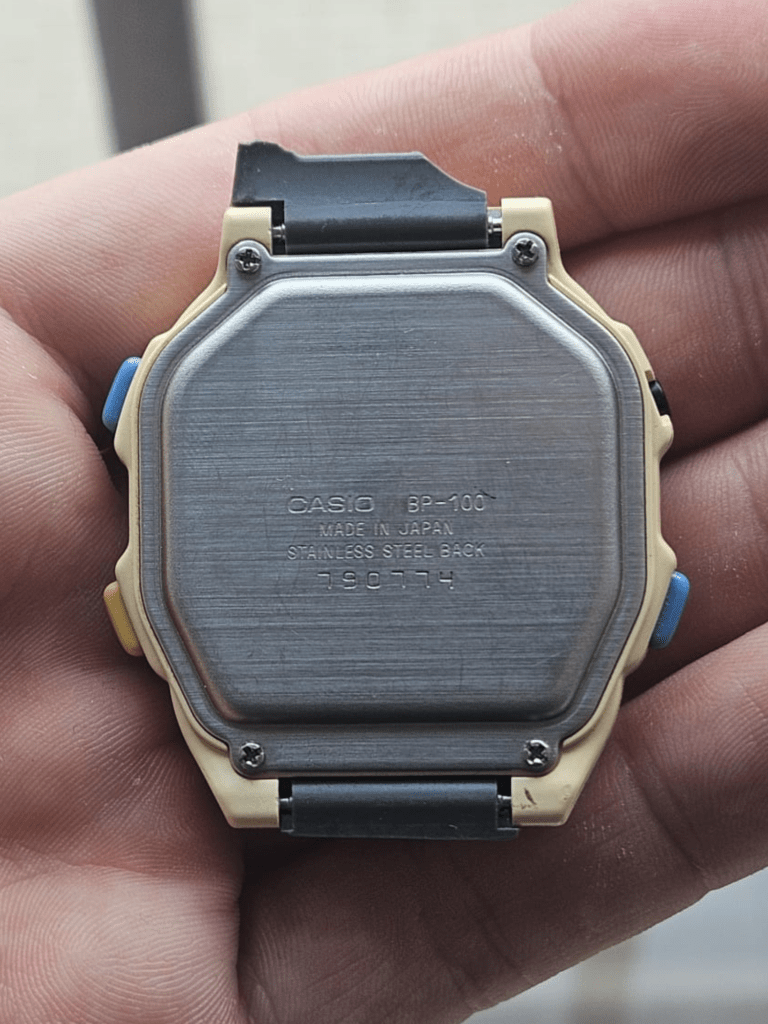 Casio BP-100 stainless steel case back with model and serial number
