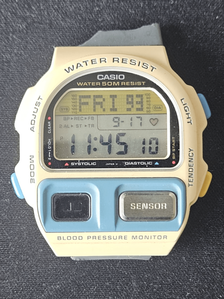 Casio BP-100 before restoration with cream resin case and gray strap