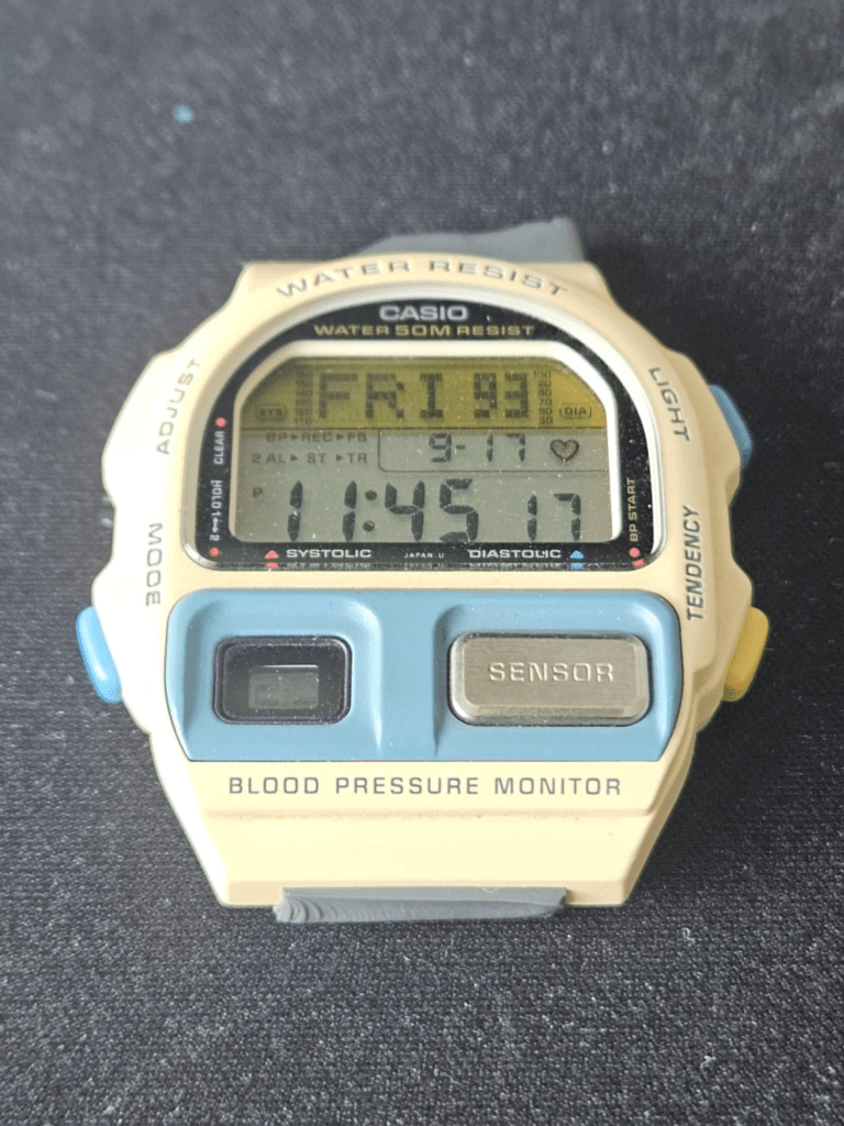 Casio BP-100 before restoration showing FRI 93 display and yellowed case