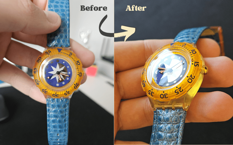 Swatch Scuba Golden Island SDK112 watch shown before and after restoration with blue lizard-pattern strap