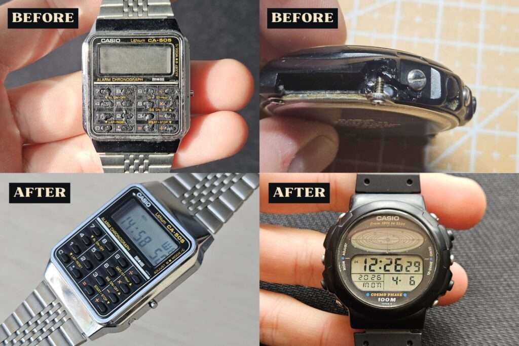 Restored Casio CA-505 Lithium calculator watch and Casio CGW-50 Cosmo Phase moon phase watch shown before and after