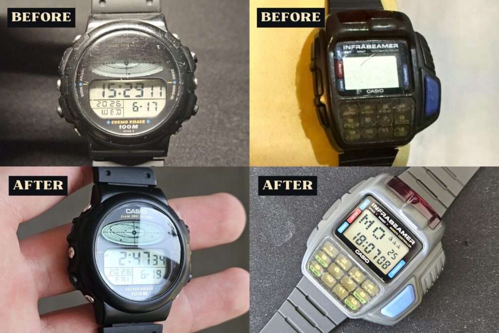 Restored Casio Cosmo Phase 100M watch and Casio Infrabeamer JG-10 remote control watch before and after