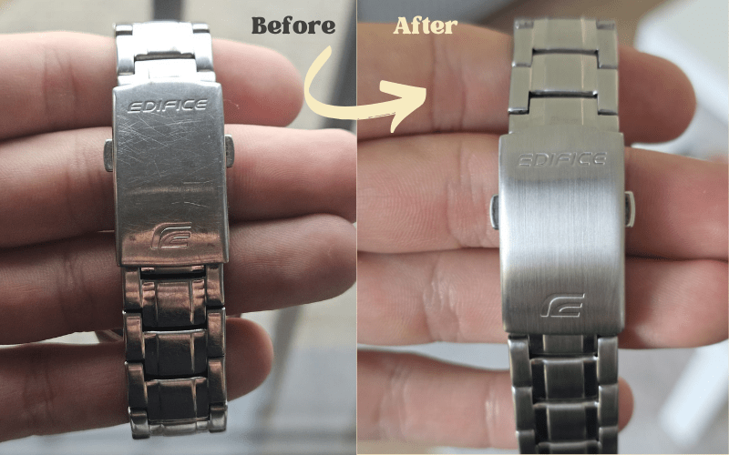 Casio Edifice stainless steel watch clasp before and after polishing restoration