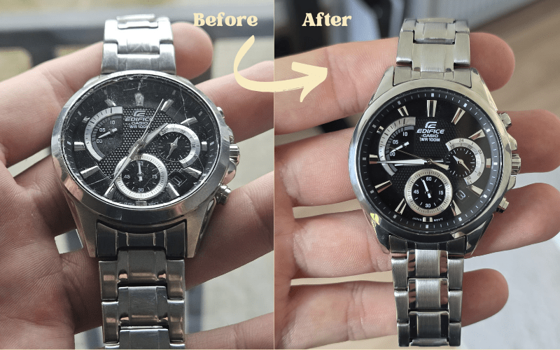 Casio Edifice EFV-580 chronograph watch face before and after crystal restoration